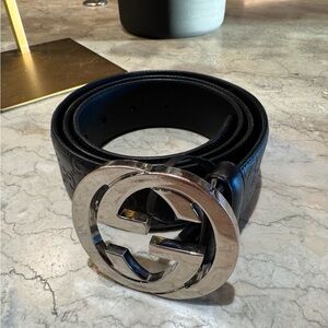 Gucci Silver GG Black Leather Guccissima Belt 95/38